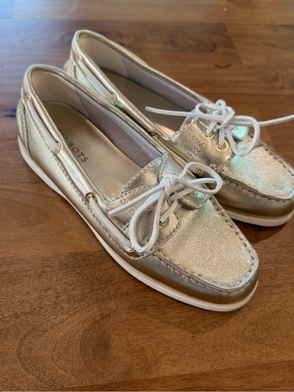 Talbots *EUC* Leather Loafers in Metallic Gold with White Laces and Soles Size 8